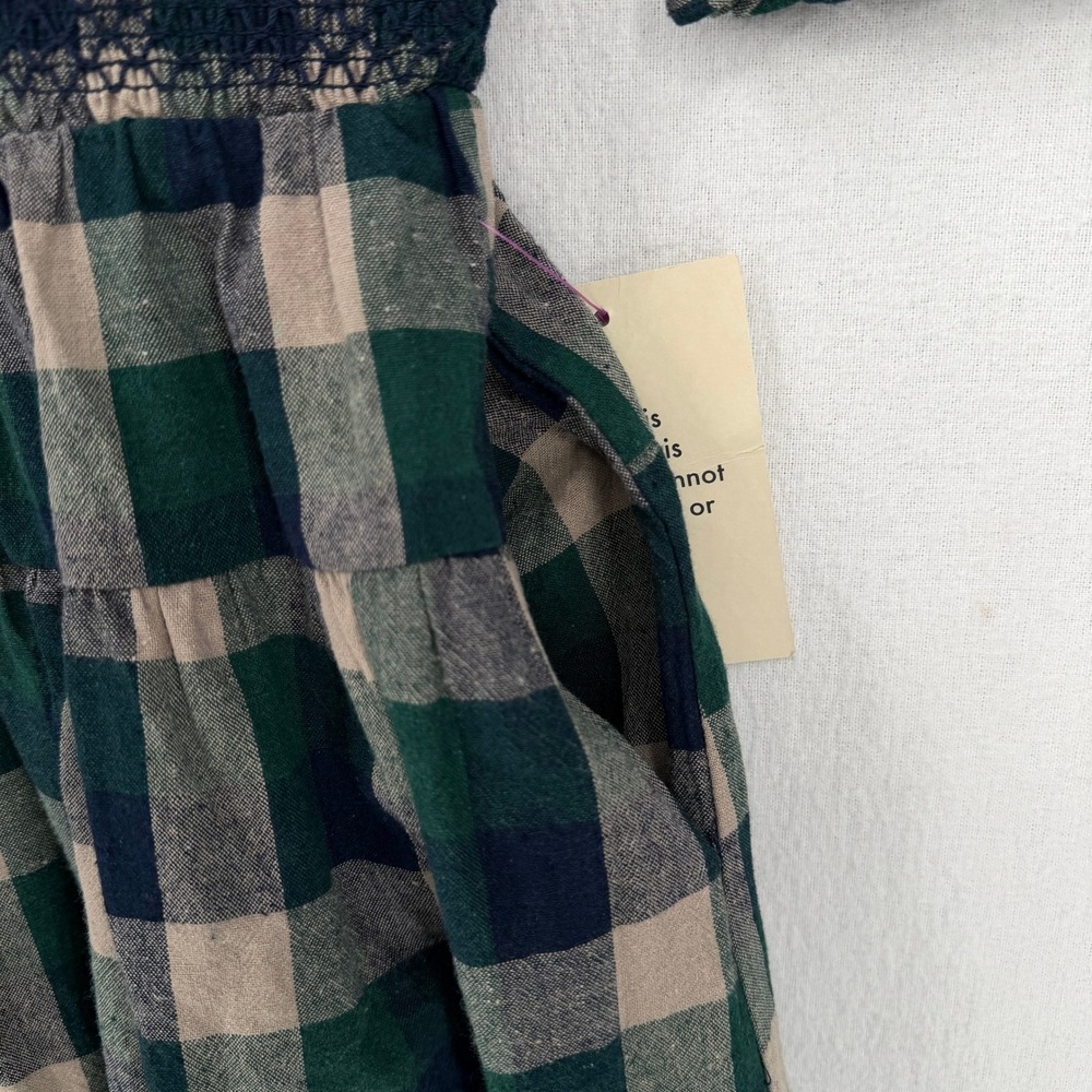 BOHME Emmett Plaid Mini Dress Women Medium Navy Green Smocked Puff Sleeve Tiered - Picture 9 of 16
